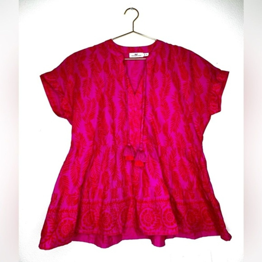 Vineyard Vines Tops Painted Palm Tiered Top hot pink red tassel notch neck